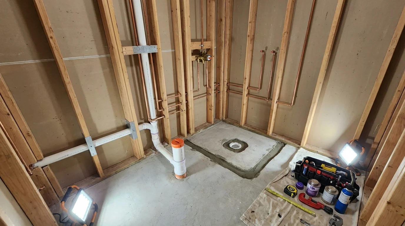 Bathroom rough-in plumbing during remodel by Johns Plumbing LLC in Philomath