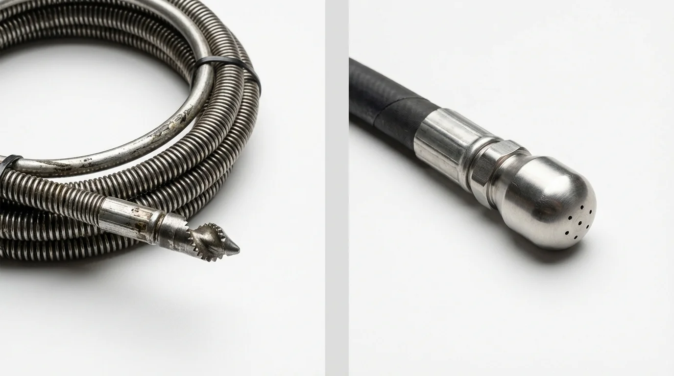 Drain snake cable and hydro jetting nozzle used for drain cleaning in Philomath, OR