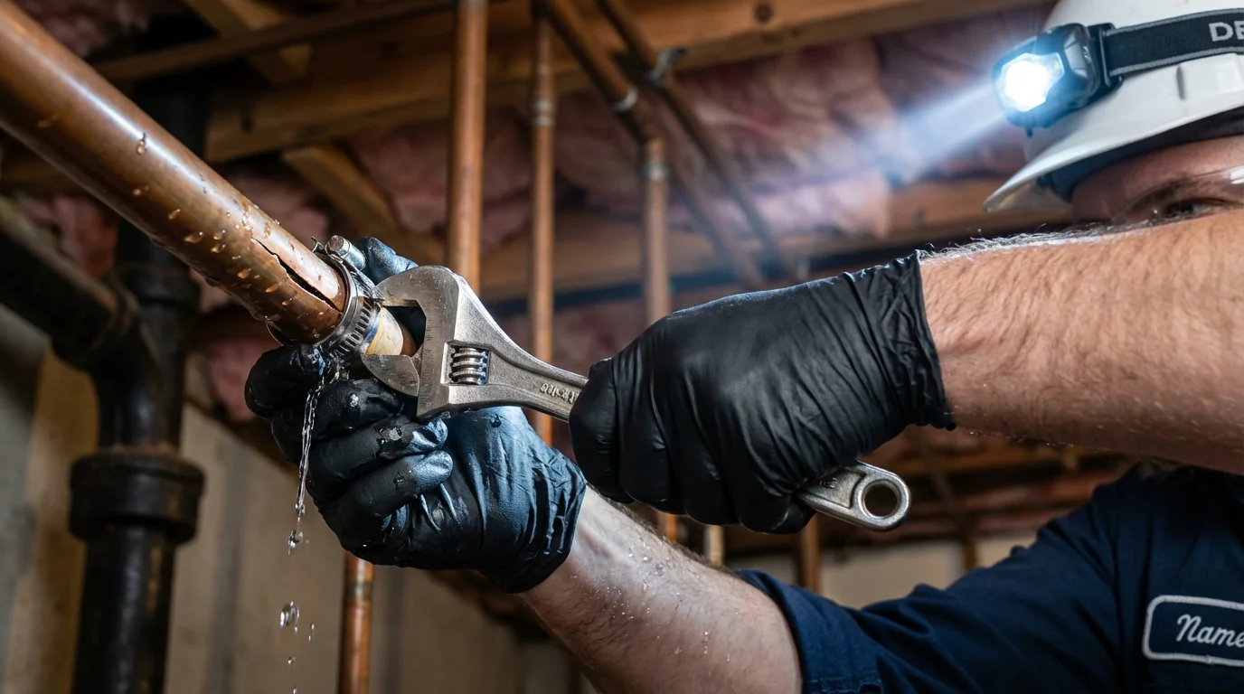 Emergency pipe clamp repair being performed by a Johns Plumbing LLC plumber in Philomath