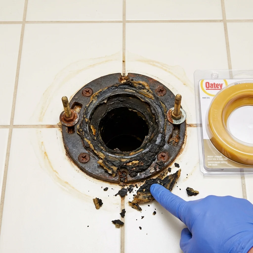 Failed wax ring showing water seepage at the base of a toilet in a Philomath, OR home