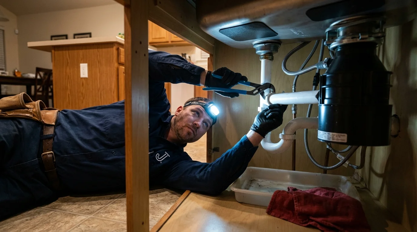 P-trap and supply line connections under a kitchen sink showing a common leak point in Philomath, OR